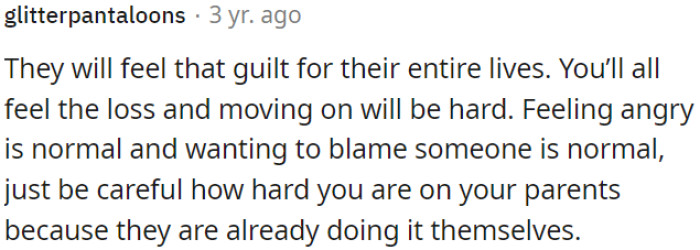 Grieving is Tough, and Anger is Natural, but OP Should Be Gentle with His Parents Because They're Already Blaming Themselves.