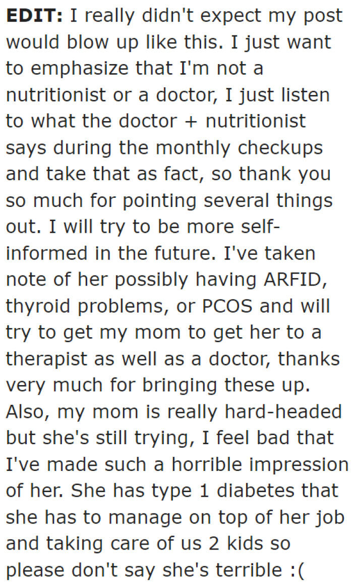 You can see the OP's concern for her sister. She even listens to the doctor's recommendations and applies them to the meals she prepares.
