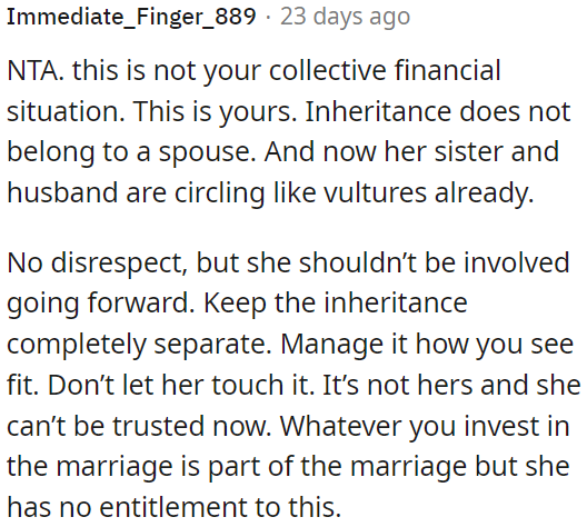 OP needs to keep it separate and manage it independently, as she cannot be trusted with it.