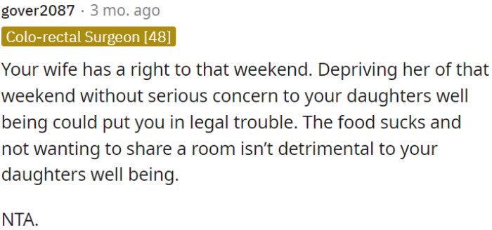 OP's wife has a right to the weekend; taking it away without a valid reason could lead to legal issues.