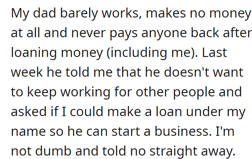 Dad, not earning, asked for a loan to start a business. OP said no, given his history of not repaying loans.