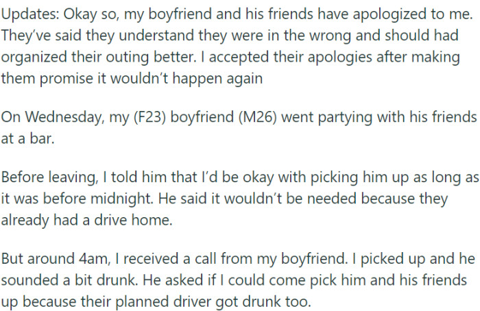 Boyfriend Goes Partying with Friends, Disregards Agreement, and Asks Girlfriend to Pick Them Up After Their Designated Driver Becomes Intoxicated