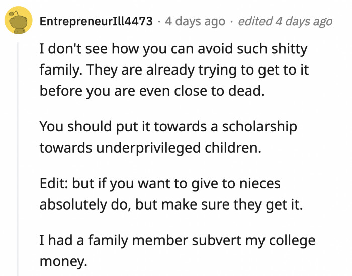 OP can still give the money to the kids, but she has to make sure the entitled parents can't get their hands on it