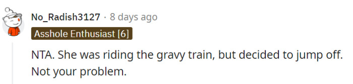 It's her journey now, and there's no reason for guilt or responsibility on their part.