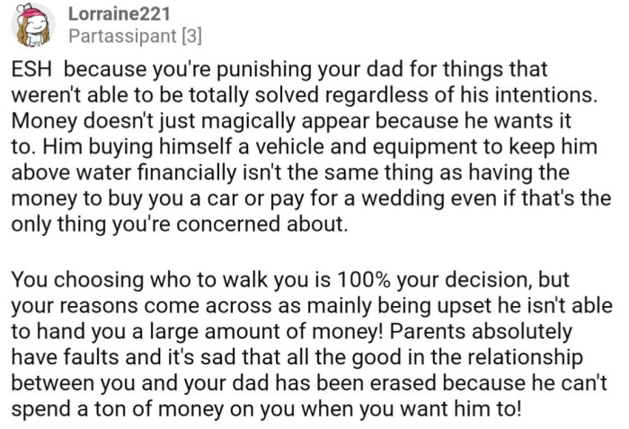 It does sort of sound like OP is pulling away from her dad over financial reasons