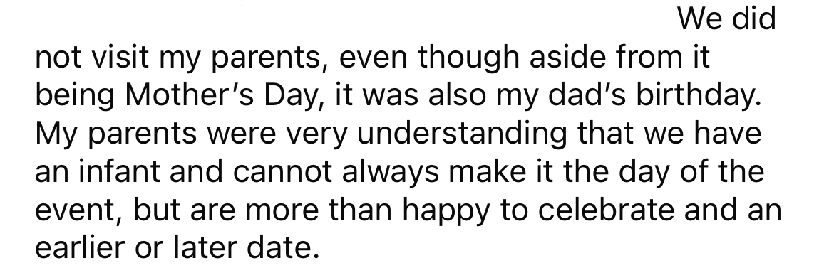 They didn't visit the OP's parents or anyone else that day, even though it was her father's birthday as well.