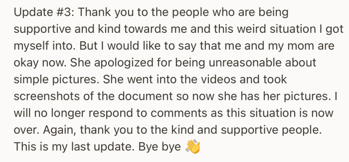 Final update: Her mom finally apologized for being unreasonable. Now, both parties are on good terms