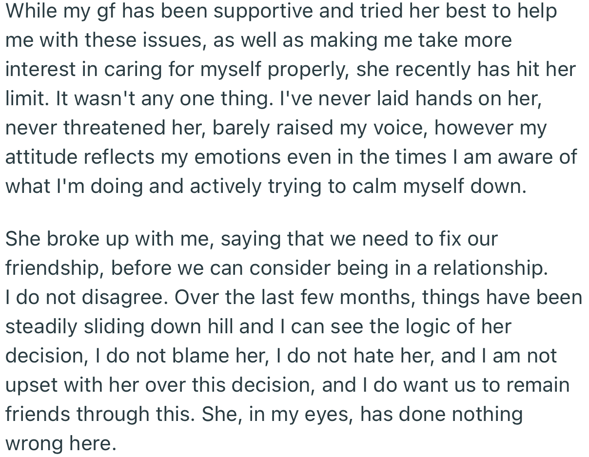 OP’s Girlfriend Broke Up with Him Due to His Attitude. She Insisted That They Work on Their Friendship Before Considering Getting Back Together as a Couple