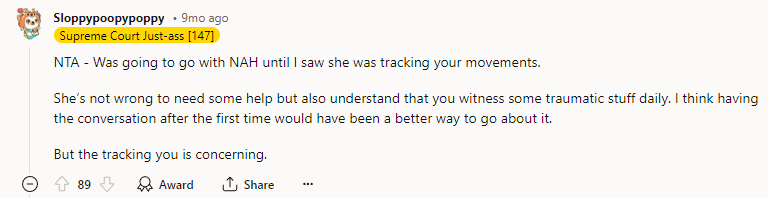 NTA - Was going to go with NAH until I saw she was tracking your movements.