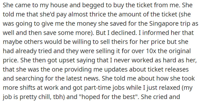 Despite her friend's desperate pleas to buy the Taylor Swift concert ticket at almost three times its original price, OP declined.