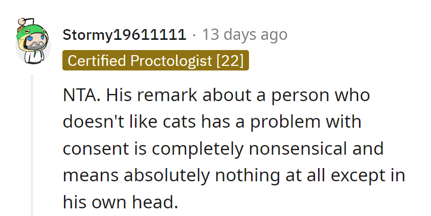 His consent-cat connection is as meaningful as a fish riding a bicycle in a desert.