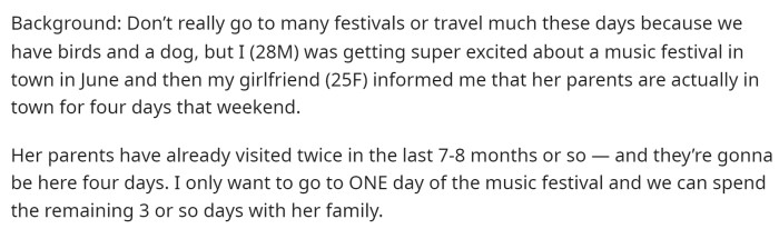 OP starts off by explaining a little bit of information about him, his girlfriend, and the conflict that is arising.