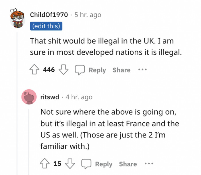 This redditor is sure that this is illegal in most developed countries