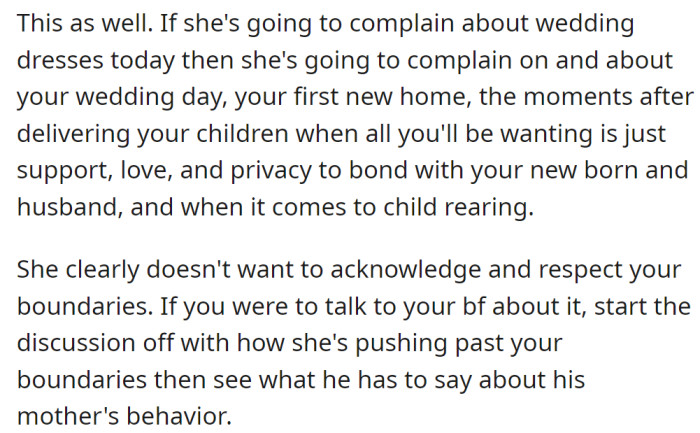 It seems like her future MIL doesn't want to acknowledge and respect her boundaries.