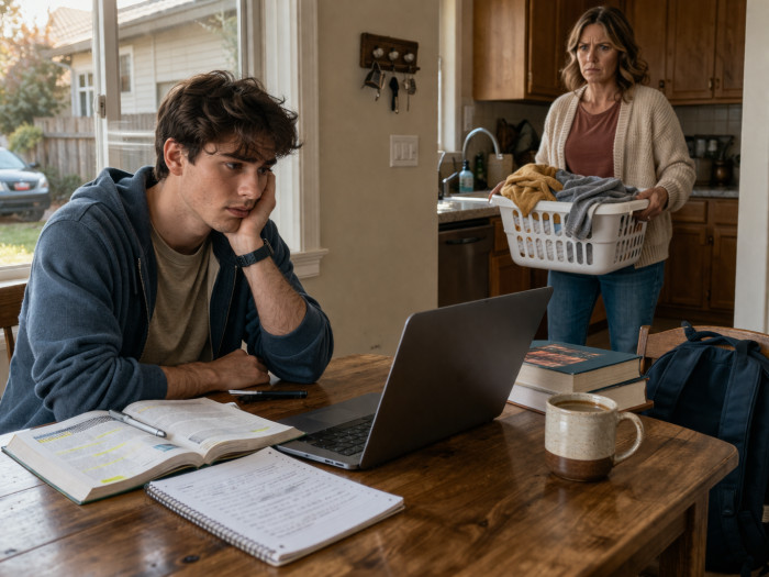 Before starting college, the OP’s mom promised to cover tuition, housing, food, and books—as long as he maintained a B average.