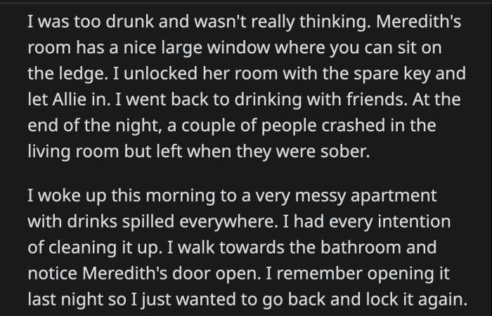 OP freaked out because she can't afford to replace Meredith's luxury items. Her roommate has a well-paying job, but she isn't rich enough to ignore this.