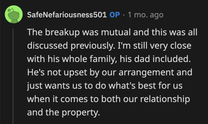 OP said their current arrangement works with the blessing of his ex-boyfriend's dad