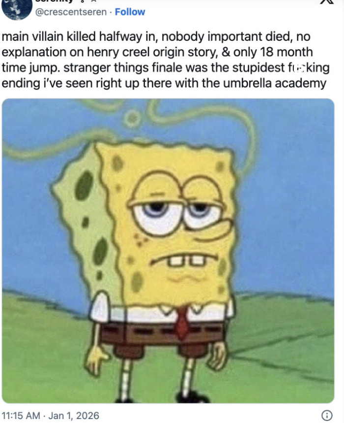 Others were more blunt. “Main villain killed halfway in, nobody important died, no explanation on Henry Creel's origin story, & only an 18-month time jump. Stranger Things finale was the stupidest f***ing ending I’ve seen, right up there with the Umbrella Academy.”