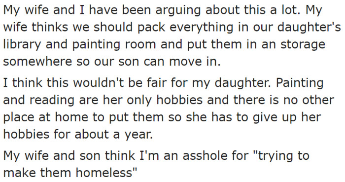 OP and their wife are now at loggerheads, as they have different opinions on how to create space for their son