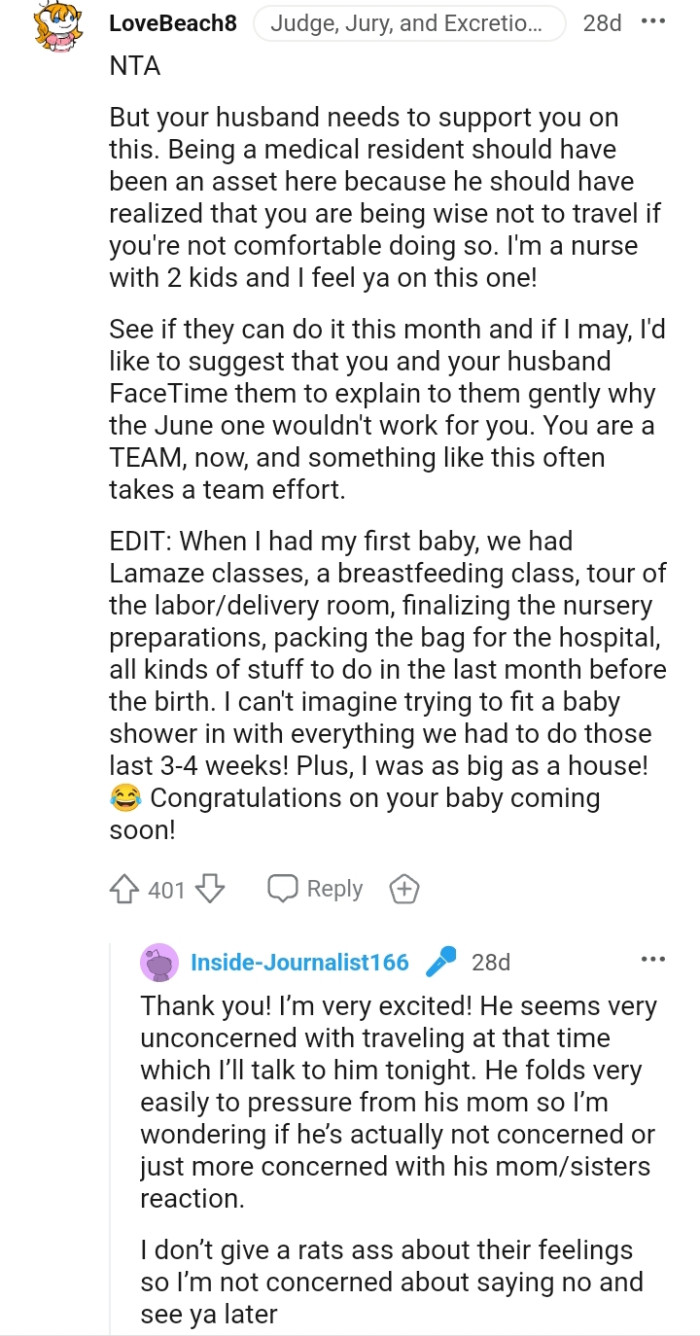 This Redditor, who is also a mom, is congratulating the OP on her baby coming soon