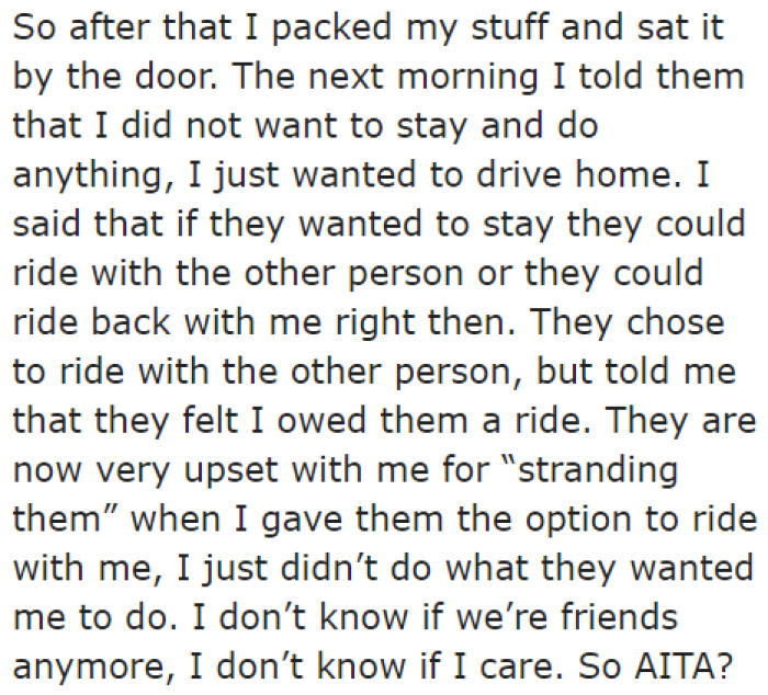 The next day, the OP decided to leave.