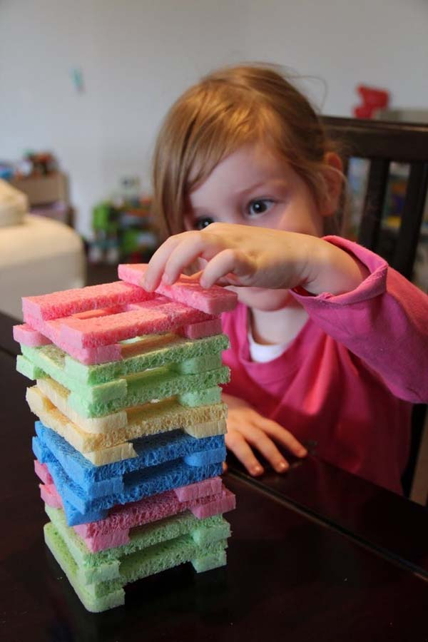 8. Create a quiet, safe game of Jenga using cut-up sponges