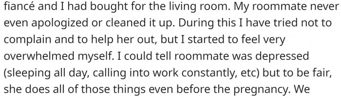 The roommate's cat has fleas and destroys the furniture, but she is depressed and doesn't care.