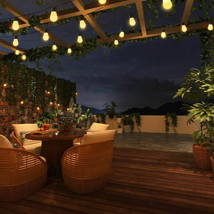 String lights canopy for seating area.