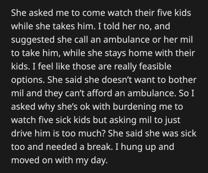 Her brother-in-law's mom eventually took her son to the ER.