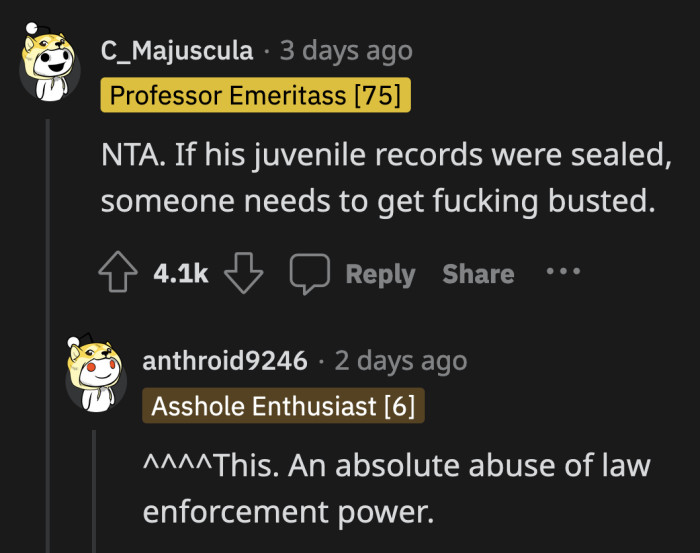 IF her fiancé's juvenile records were sealed, then her parents will face something other than OP's anger