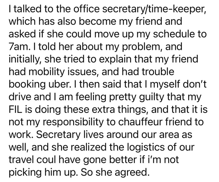 OP felt forced to alter her schedule to avoid picking up her co-worker.