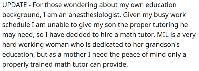 In a later edit, the OP said she decided to hire a math tutor for her son.
