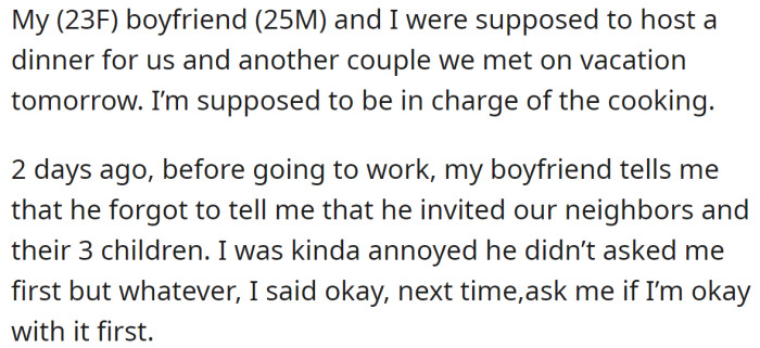The OP agreed to cook for four people, but her boyfriend expanded the guest list to nine without consulting her: