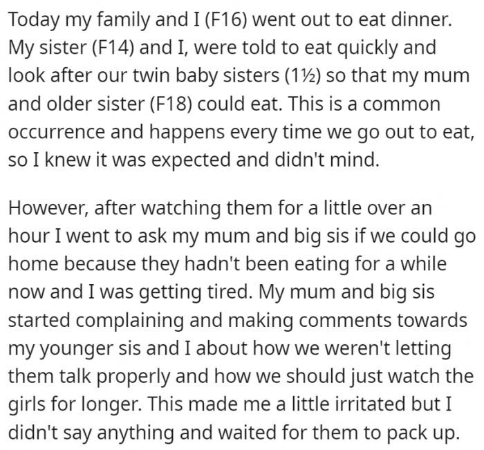 It all started when the family went out to eat for dinner and the teen girls were asked to look after their twin baby sisters