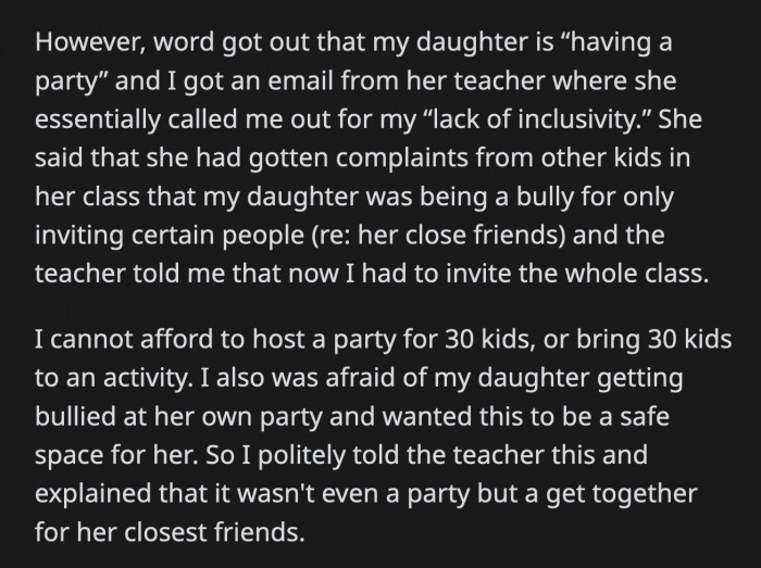 She explained all of this to the teacher and clarified that it wasn't really a party but a get-together with just her daughter's closest friends.