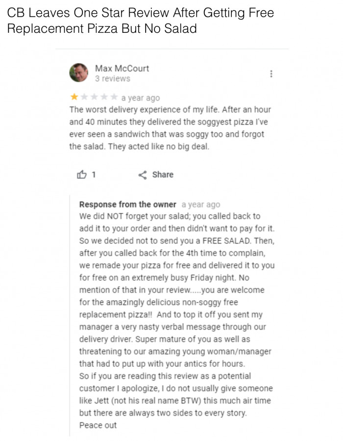 3. This reviewer forgot to mention that they received an entire pizza as a free replacement.