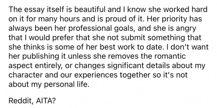 OP says his ex is angry that he doesn't want her to publish it, but he insists the answer is no unless she is willing to make significant changes and remove his personal details entirely.