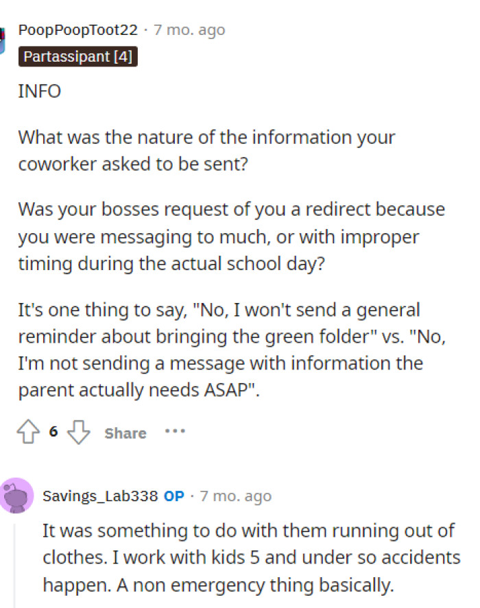Here is where OP responds to a comment, providing insight into the actual context of the message they were asked to send.