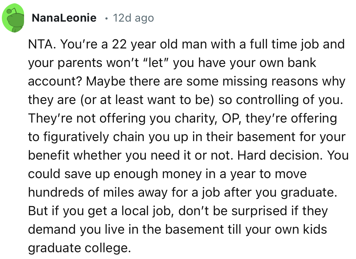 “They’re not offering you charity, OP; they’re offering to figuratively chain you up in their basement for your benefit, whether you need it or not.”