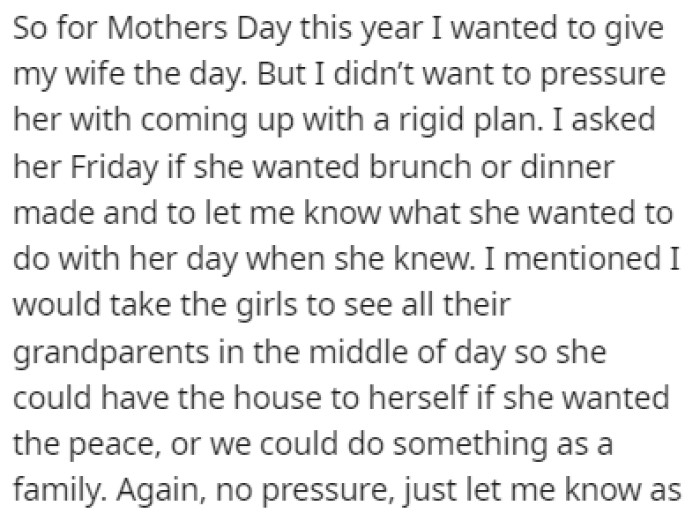 OP decided to focus this Mother's Day on his wife