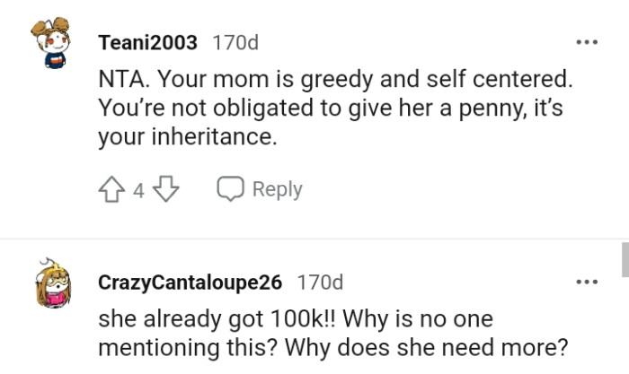 The OP is not obligated to give her mom a penny