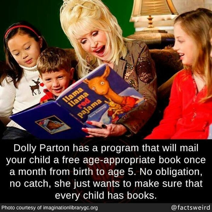 48. Dolly Parton has a program that sends a book monthly to children aged 0-5