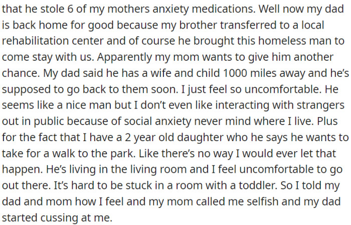 OP feels uncomfortable and unsafe about this arrangement.