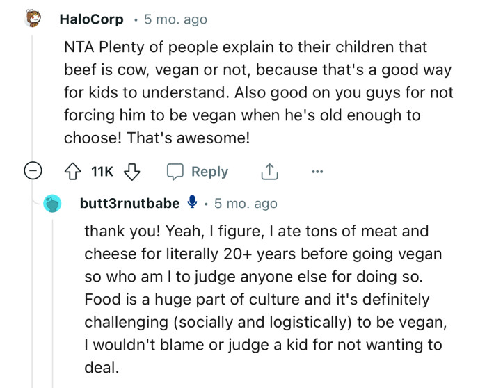 “NTA Plenty of people explain to their children that beef is cow, vegan or not.”