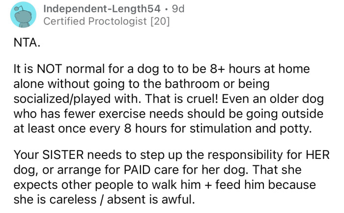 “Your SISTER needs to step up the responsibility for HER dog.”