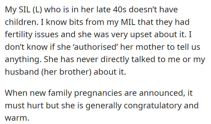 In her late 40s, the sister-in-law (L) quietly grapples with fertility issues, revealed through the mother-in-law. Despite not discussing it, L is warmly congratulatory during new family pregnancies.