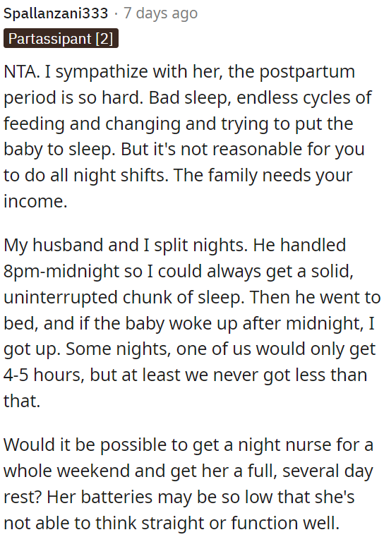 Sharing night duties is essential for both parents' well-being and the family's financial stability.