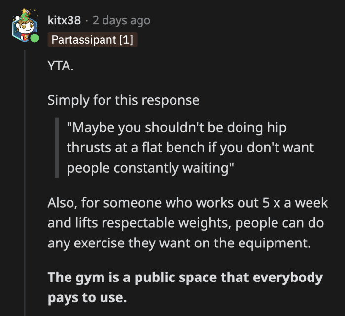 It could be an atypical exercise to do on a flat bench but, as the staff told OP, members are free to do whatever exercise they want