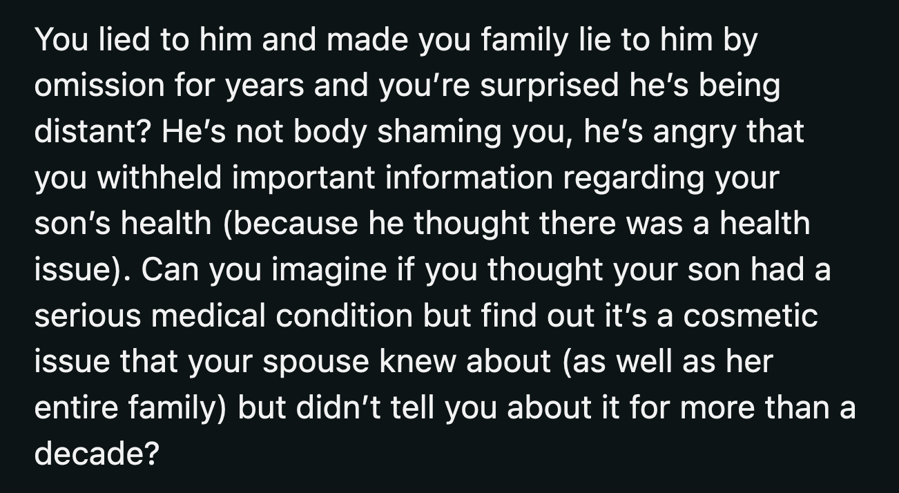 I can only imagine how betrayed her husband feels that OP roped her family into the secret.