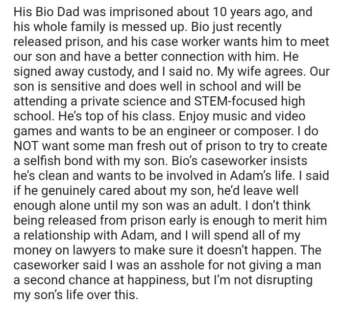 Adam's biological dad was incarcerated for 10 years, and now that he's out, he's desperate to get back into his son's life. However, OP has vowed to do everything possible to keep someone of such caliber away from Adam. From OP's perspective, Adam is still too young and has a bright future ahead; thus, it would be risky to bring an ex-convict into his life this early.